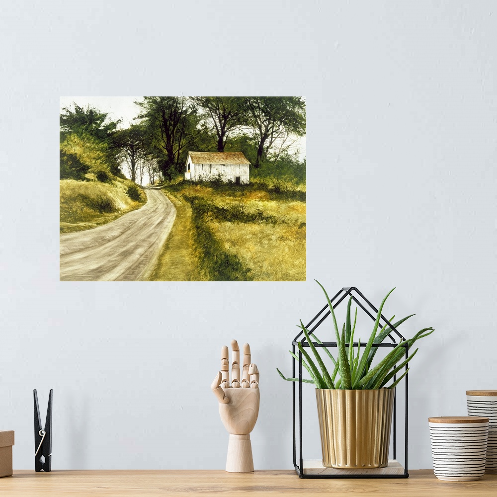 A bohemian room featuring Contemporary landscape painting of a dirt road leading up to a white barn.