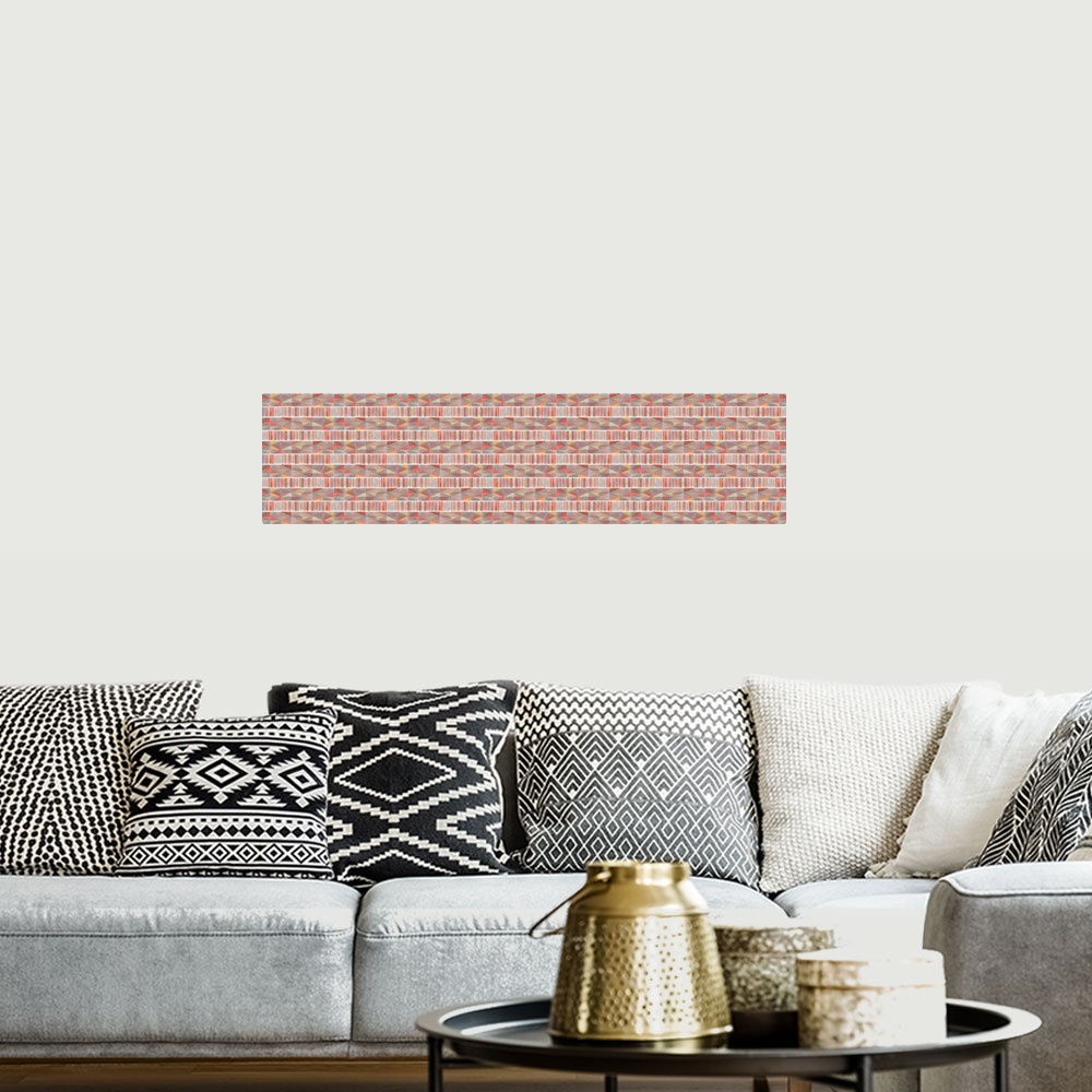 A bohemian room featuring Large panoramic abstract watercolor painting with geometric patterns in shades of red, orange, an...