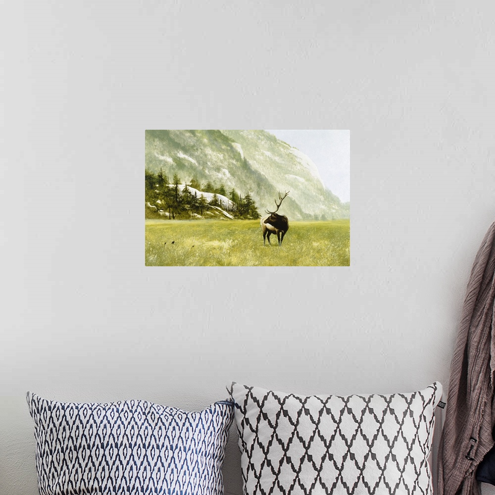 A bohemian room featuring Contemporary painting of an elk standing in the middle of a snowy valley watching three black bir...