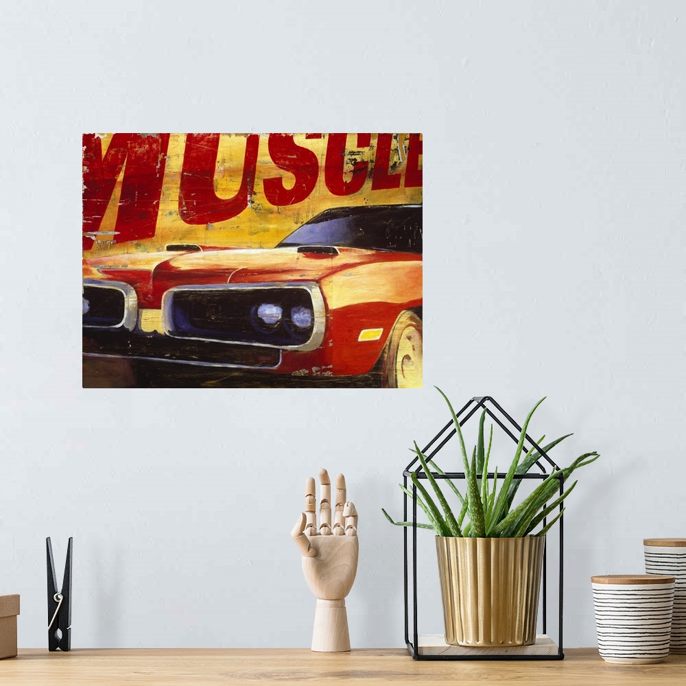 A bohemian room featuring Retro-style painting of a vintage muscle car, with a focus on the headlights, and the text "Muscl...