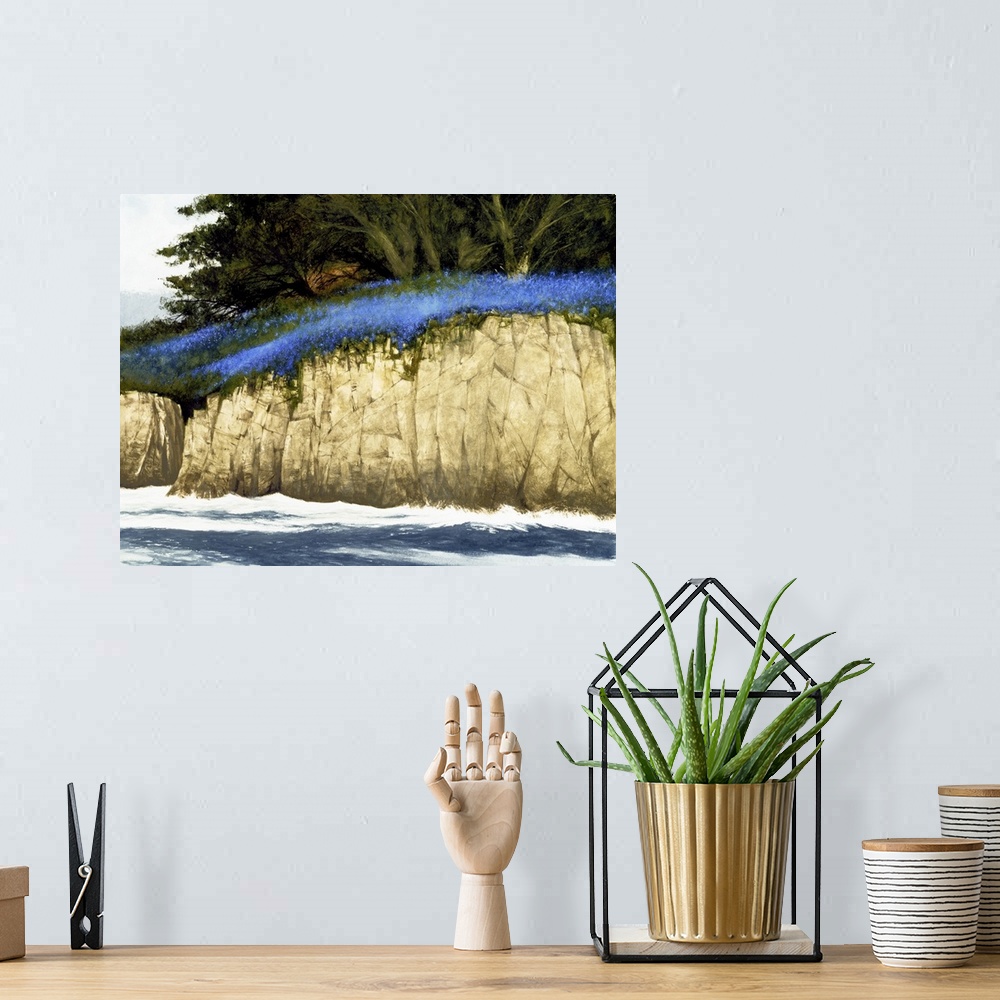 A bohemian room featuring Contemporary painting of a rocky seaside cliff full of blue wildflowers and lush green trees.