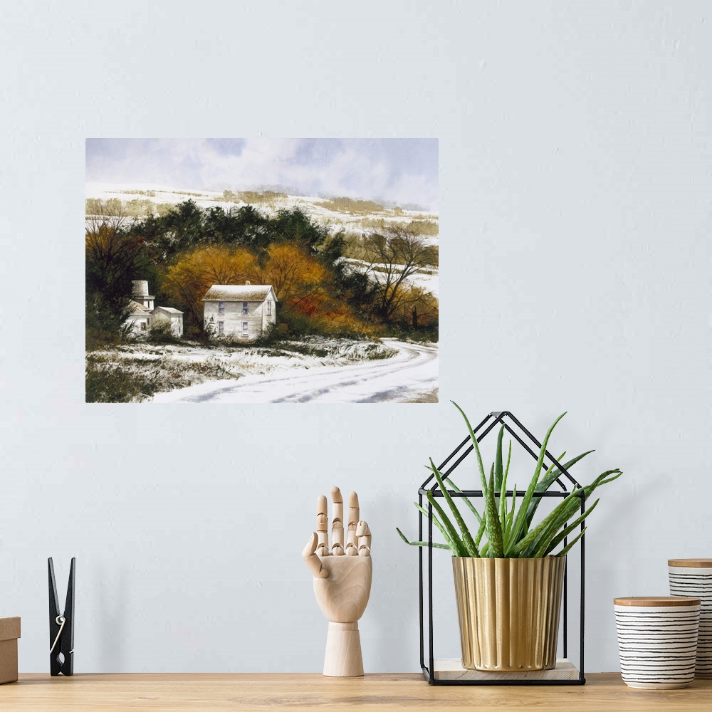 A bohemian room featuring Contemporary landscape painting of a snowy countryside with a winding road leading to two white h...