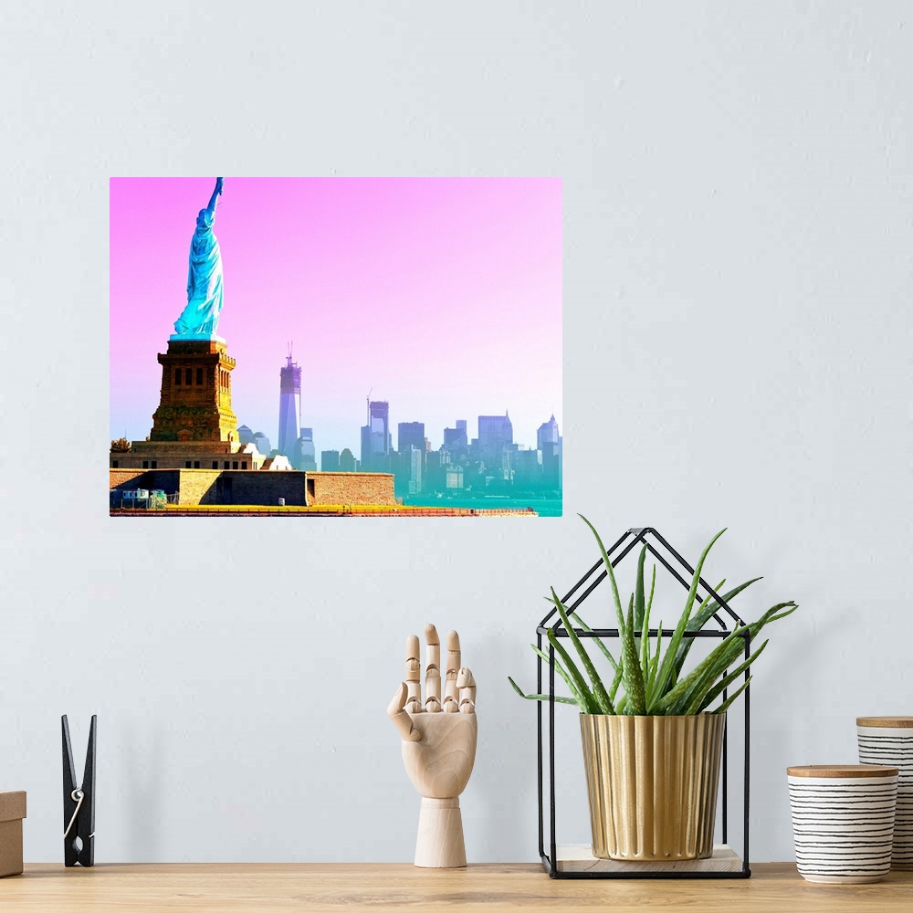 A bohemian room featuring Vividly colored photograph of the Statue of Liberty and New York skyline.