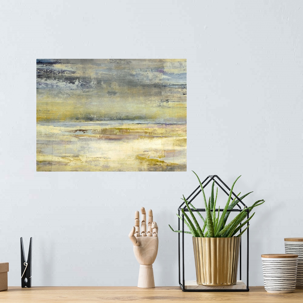 A bohemian room featuring Abstract painting created with horizontal brush strokes in shades of yellow, blue, brown, and gra...