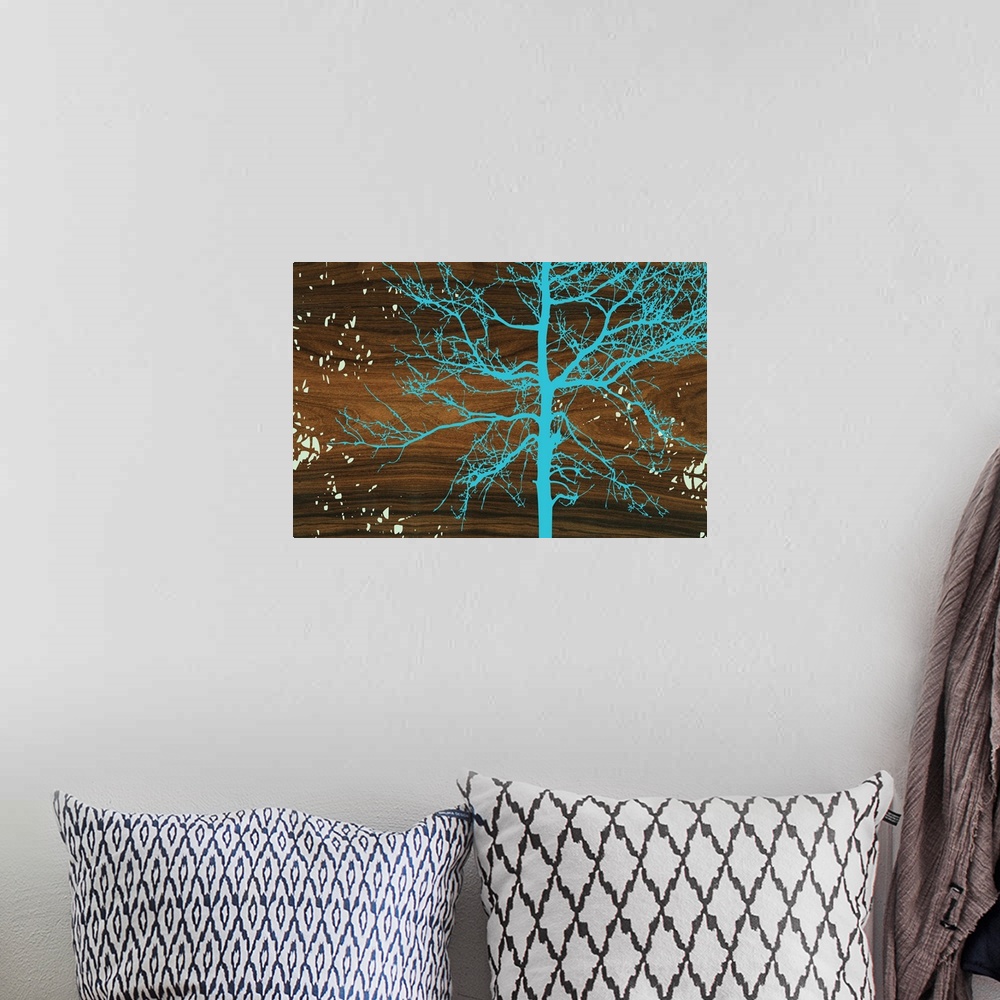 A bohemian room featuring Decorative turquoise silhouette of a tree against natural wood grain texture, resembling a wavy b...