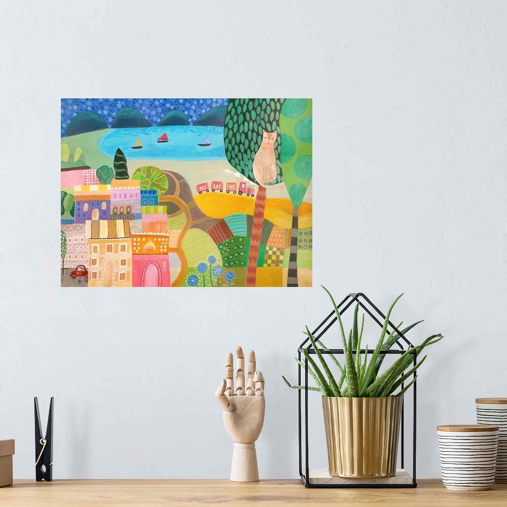 A bohemian room featuring Whimsical collage art perfect for a child's room or nursery.