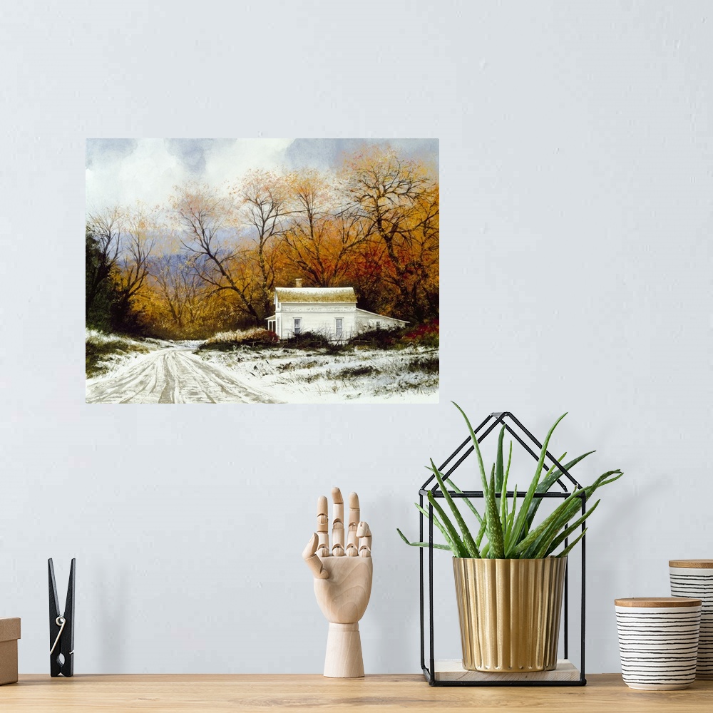 A bohemian room featuring Contemporary painting of a snow covered road leading to a white Victorian house.