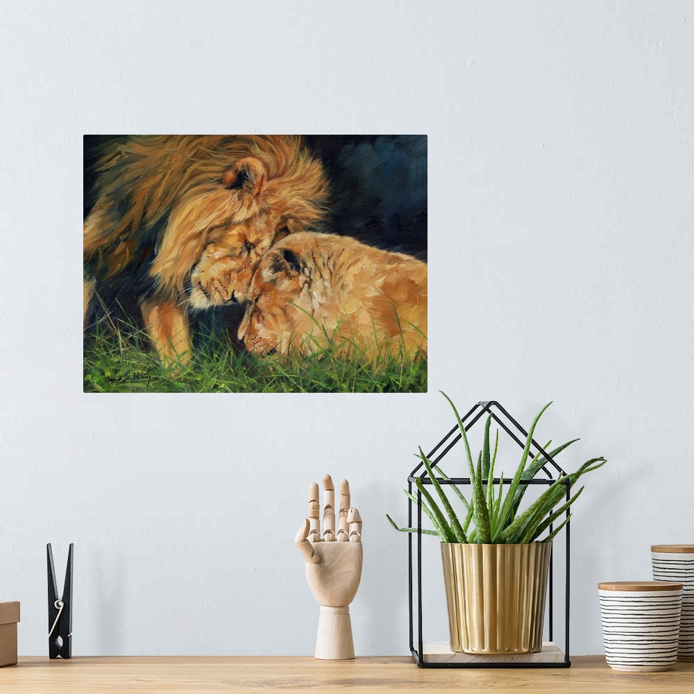 A bohemian room featuring Lion and Lioness sharing a moment. Originally oil on canvas.