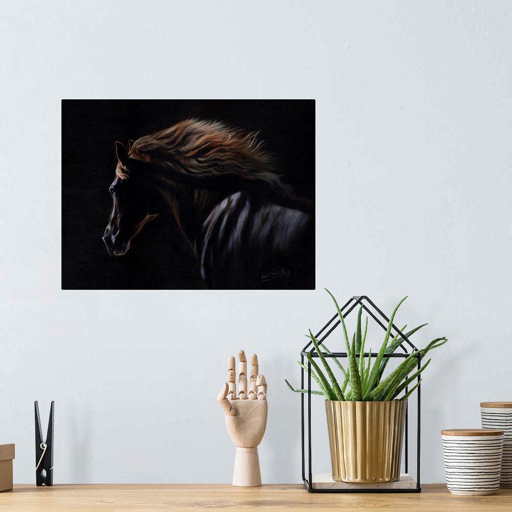 A bohemian room featuring Originally an oil painting on canvas of a Peruvian Paso Horse.