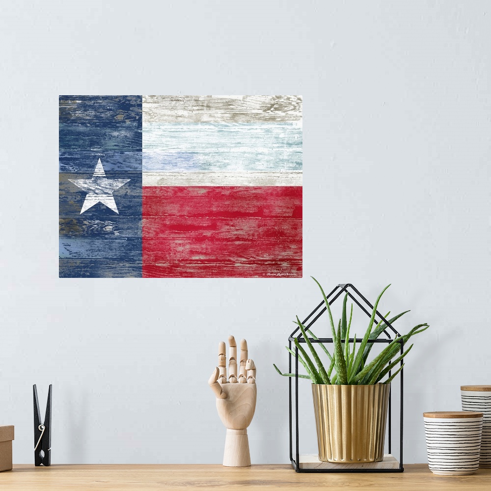 A bohemian room featuring A rustic, retro style image of the flag of the state of Texas on a wood board background