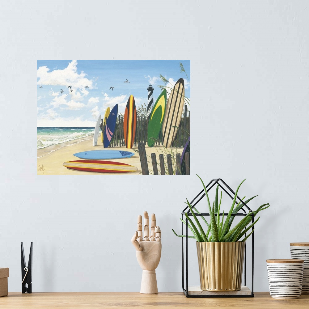 A bohemian room featuring Surf Boards
