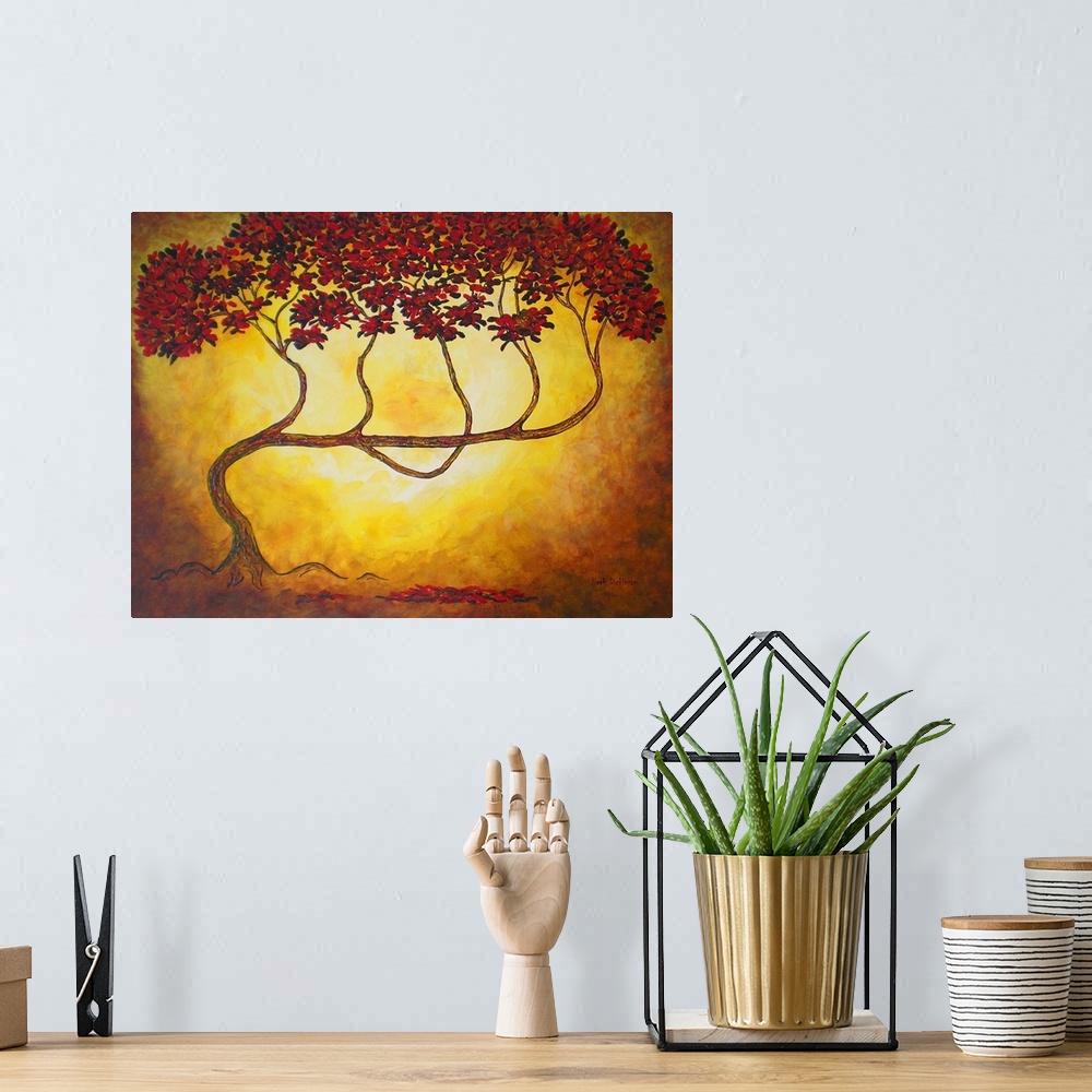 A bohemian room featuring Contemporary painting of a bending tree with long, thin branches filled with red leaves on a gold...