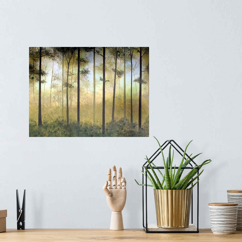 A bohemian room featuring Contemporary painting of a peaceful forest in shades of green and gold with hints of blue in the ...