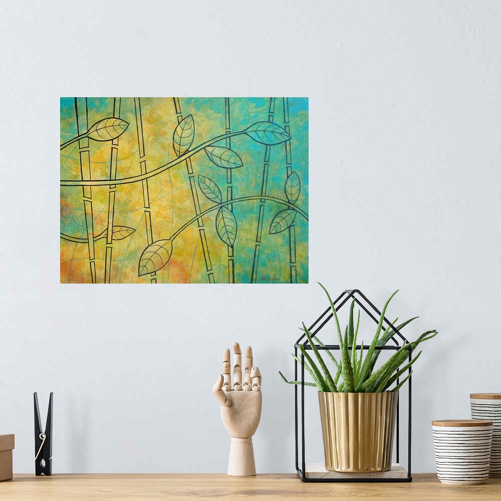 A bohemian room featuring Illustrated leaves with long stems and bamboo sticks behind on an abstract yellow, blue, and oran...