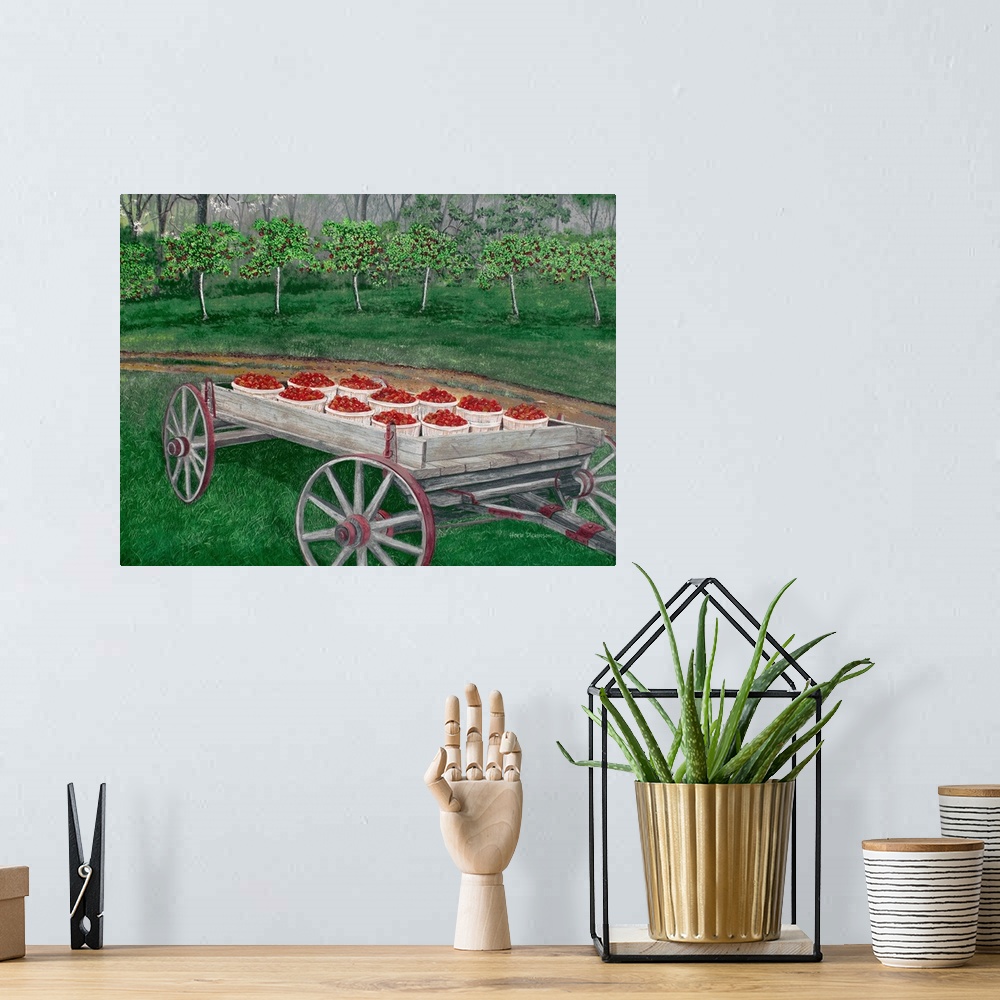 A bohemian room featuring Contemporary painting of a wooden wagon filled with baskets of apples and apple trees in the back...