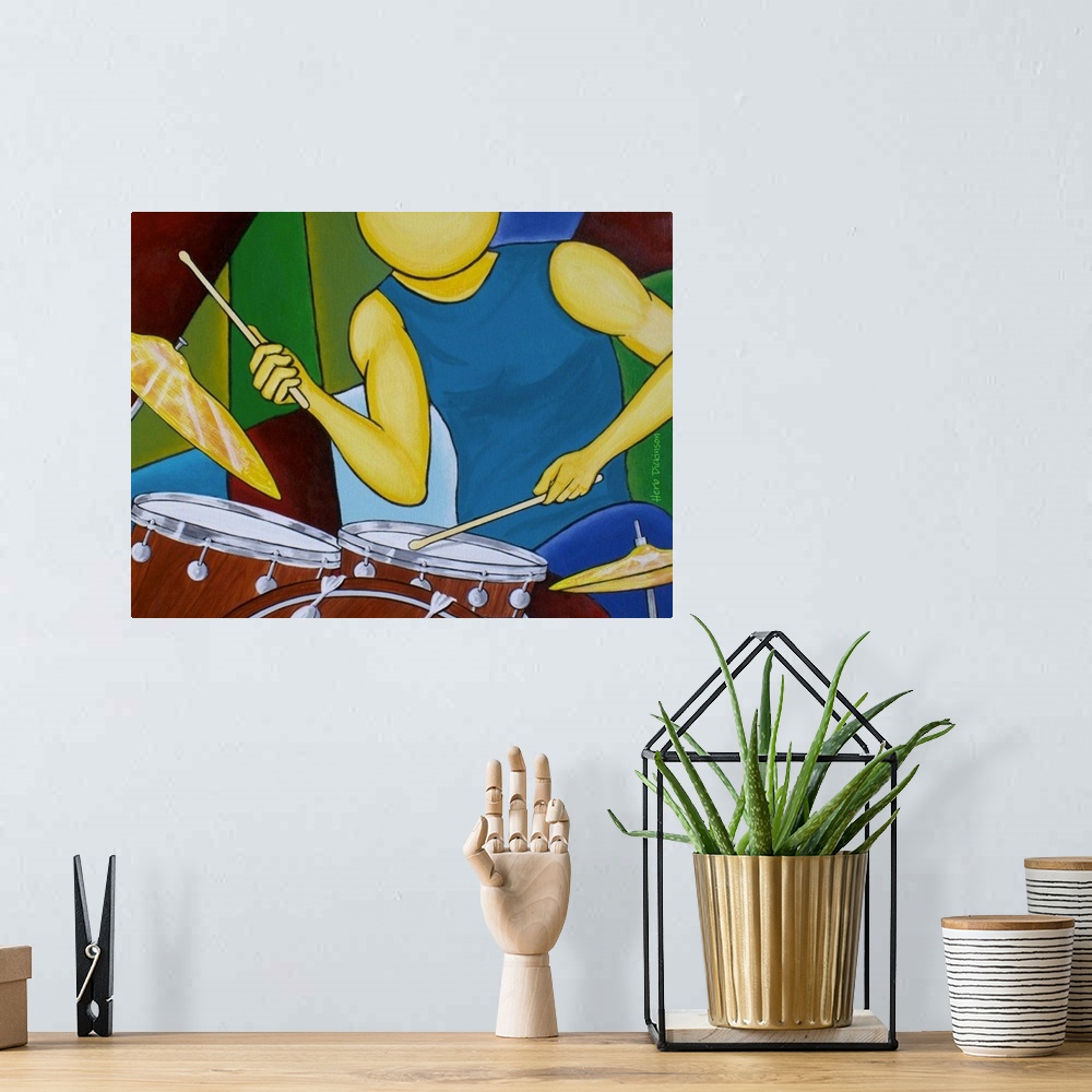 A bohemian room featuring Abstract painting of a faceless person playing the drums.