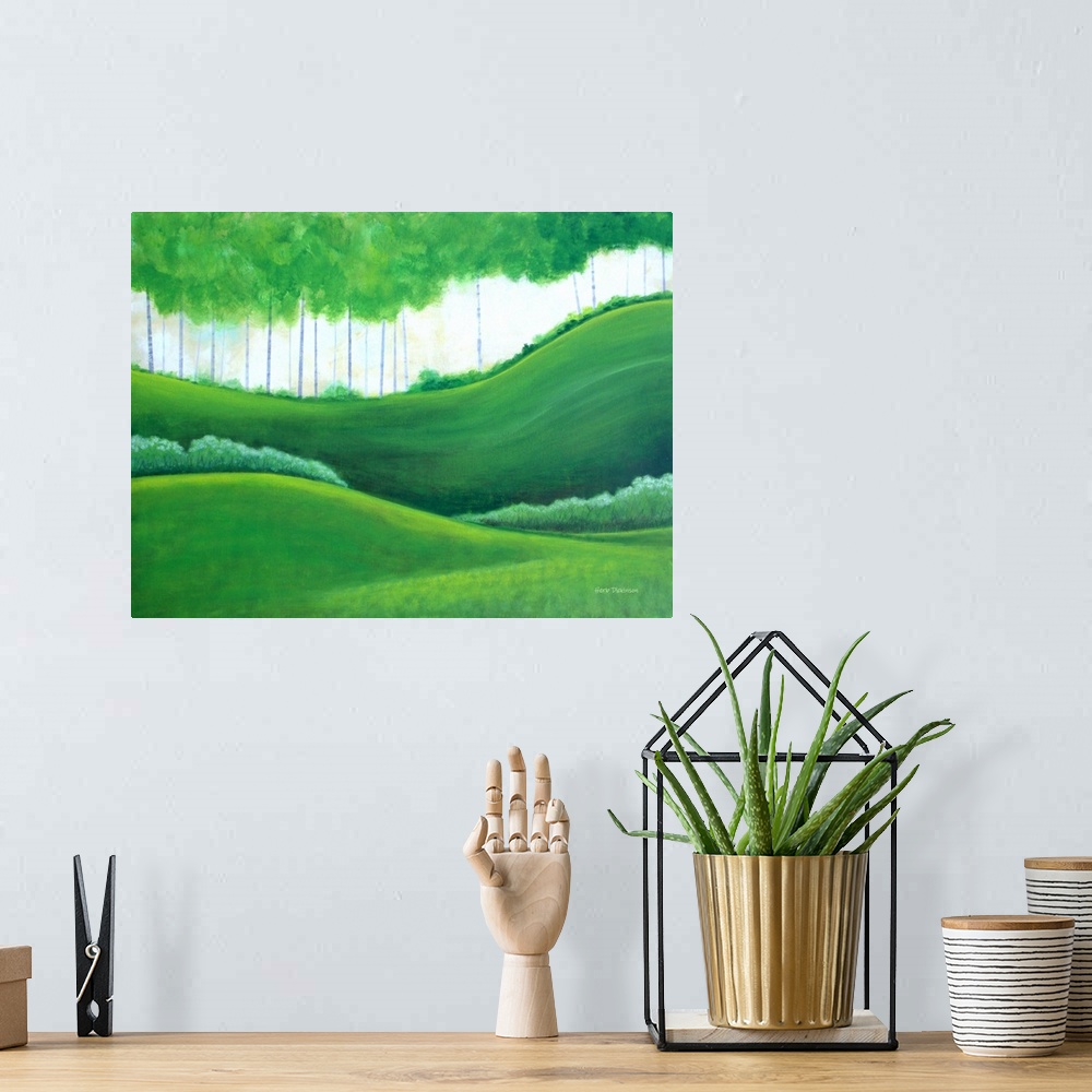 A bohemian room featuring Expressionist/minimalist landscape.