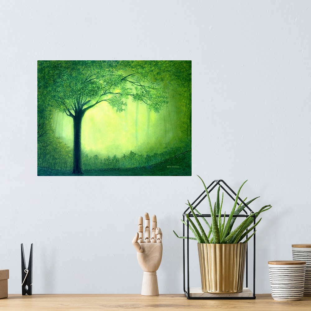 A bohemian room featuring Landscape painting of Sherwood forest with green trees and golden light in the background.