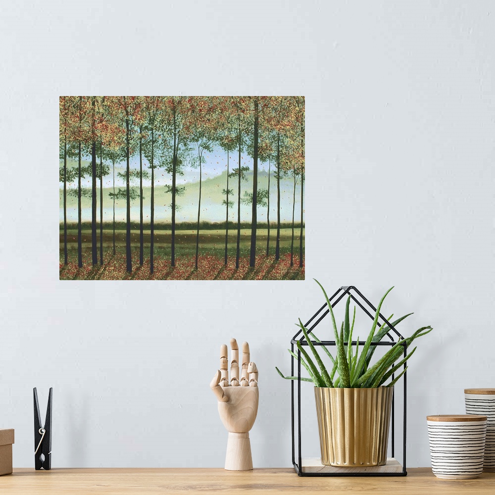 A bohemian room featuring Contemporary landscape painting with Autumn trees in the foreground and faint silhouetted Smoky M...