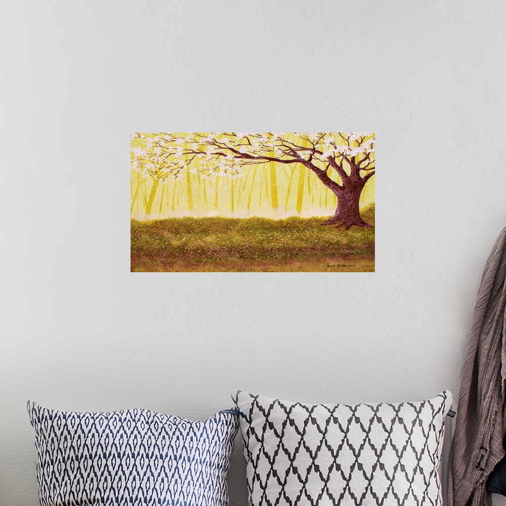 A bohemian room featuring Horizontal landscape painting with a Spring tree covered in white blossoms with a golden forest i...