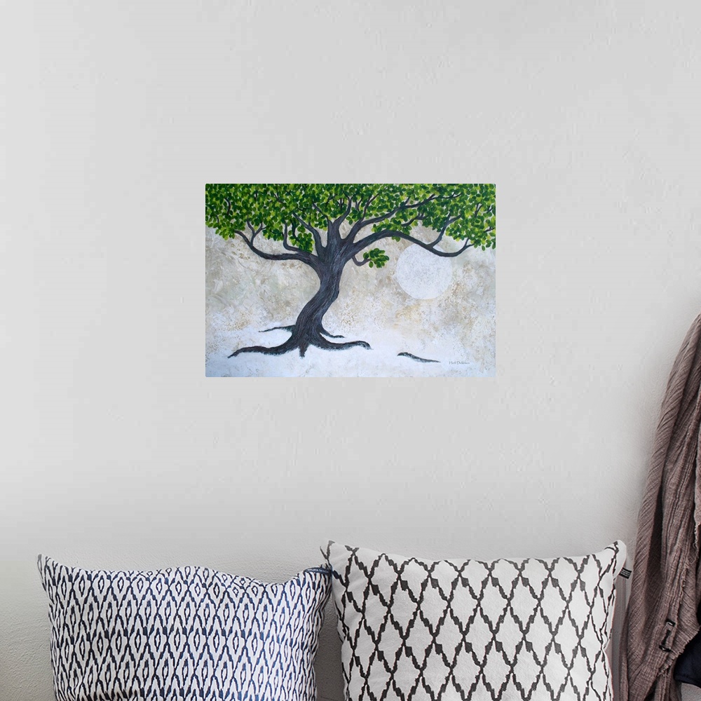 A bohemian room featuring Painting of a tree with fresh green leaves on a neutral colored background with a large full moon...