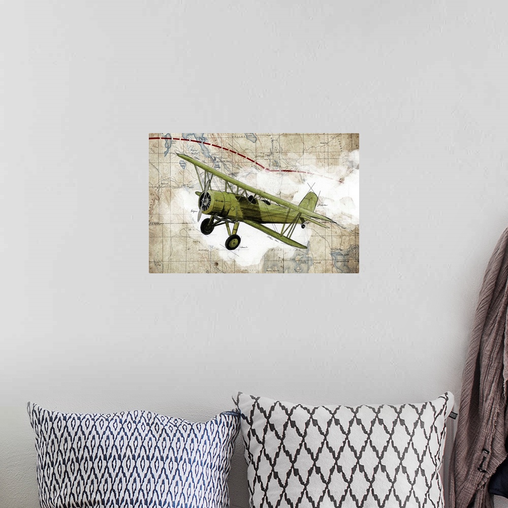 A bohemian room featuring Illustration of a green biplane in flight with clouds and a map in the background.