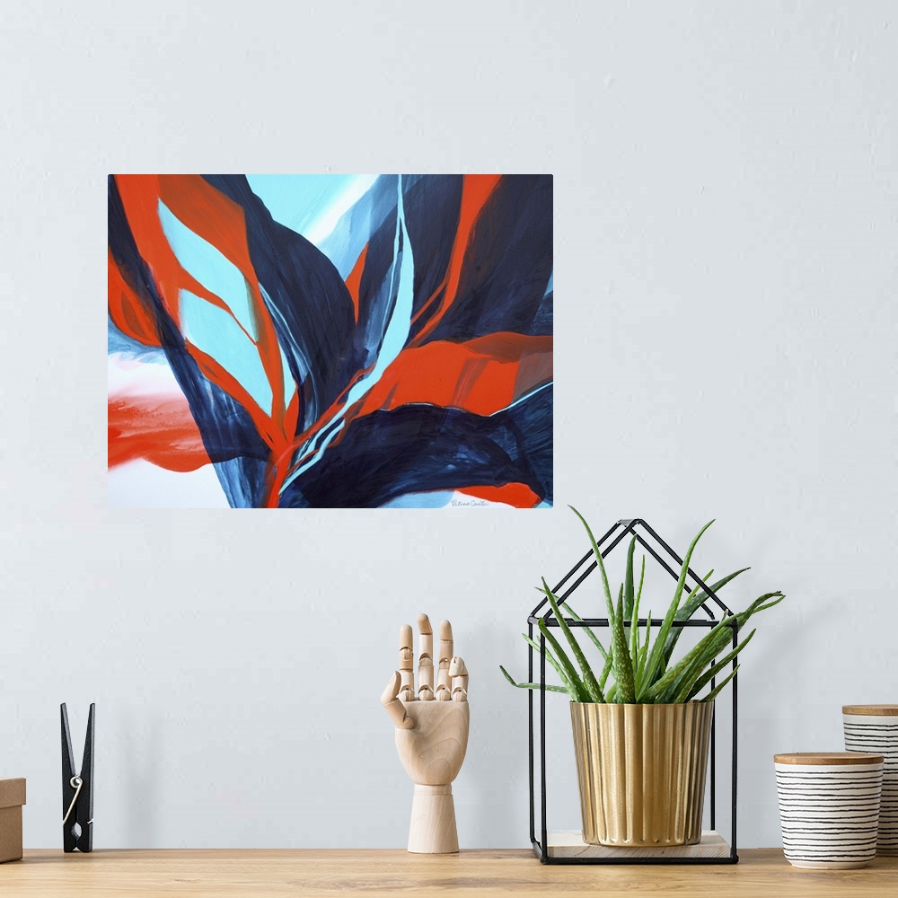 A bohemian room featuring Contemporary abstract painting using tones of blue and red to make sinuous and smooth strokes of ...
