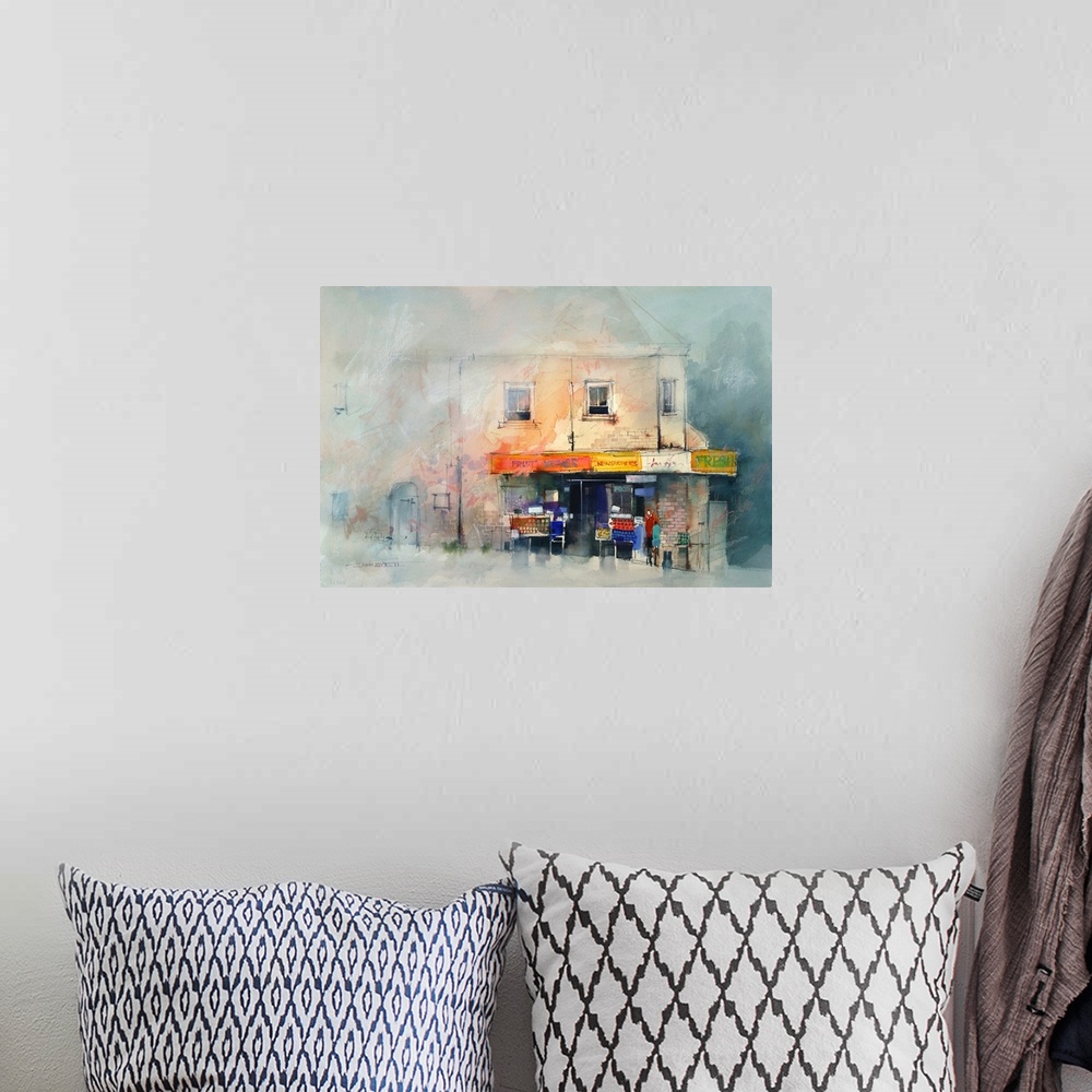 A bohemian room featuring Contemporary painting of a corner store in an urban atmosphere.
