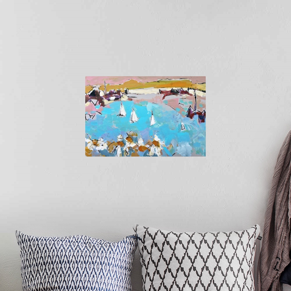 A bohemian room featuring A very chunky contemporary abstract painting, resembling white flowers in front of a bay with sai...