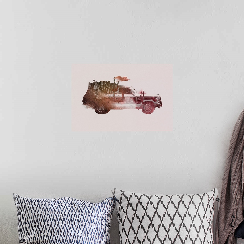 A bohemian room featuring Double exposure artwork featuring a station wagon and a desert scene.