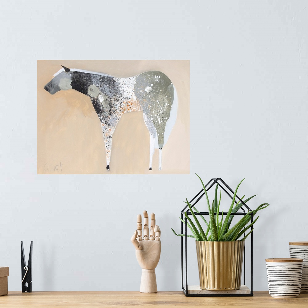 A bohemian room featuring A contemporary painting of a gray horse against a neutral background.