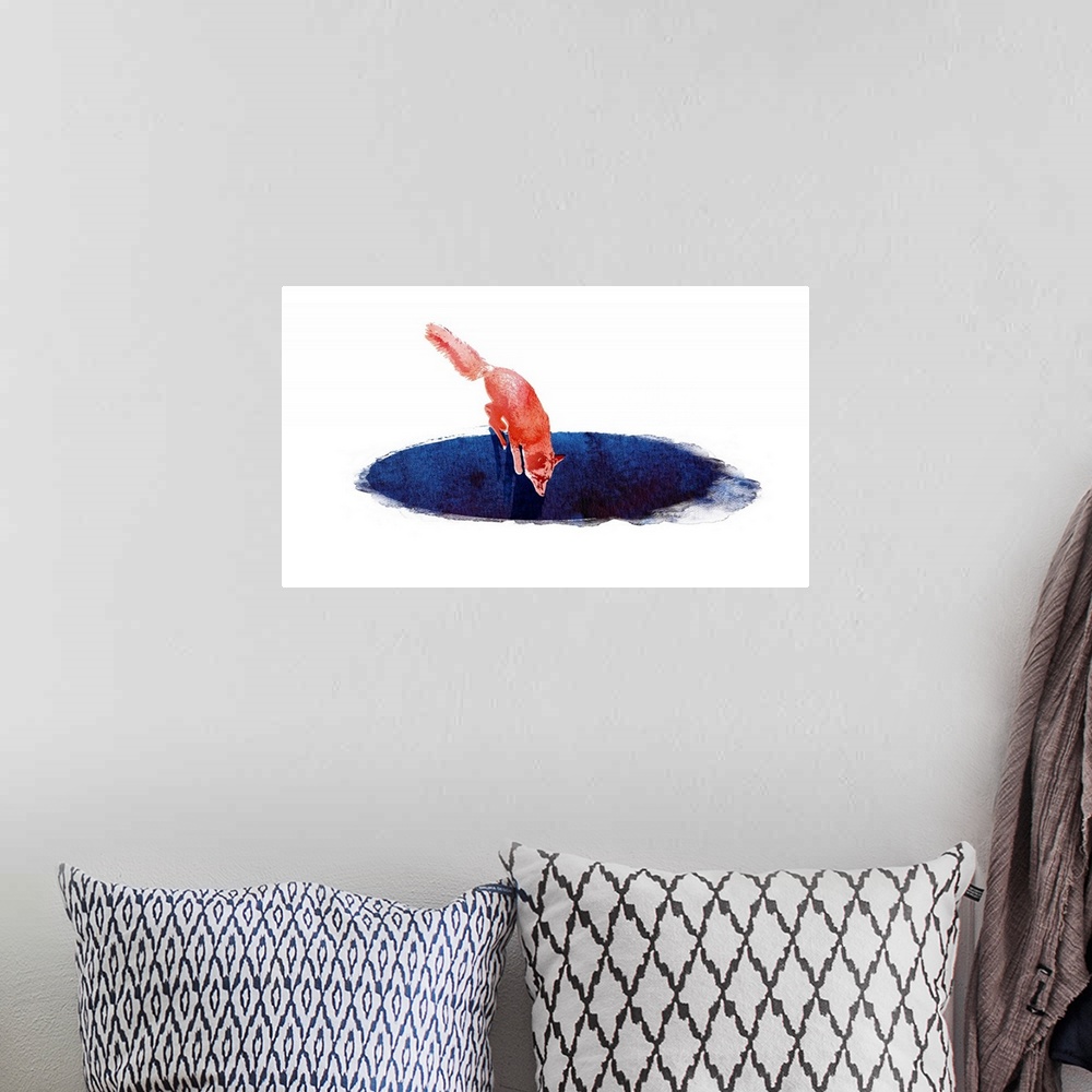 A bohemian room featuring Contemporary artwork featuring a red fox leaping into a blue hole.