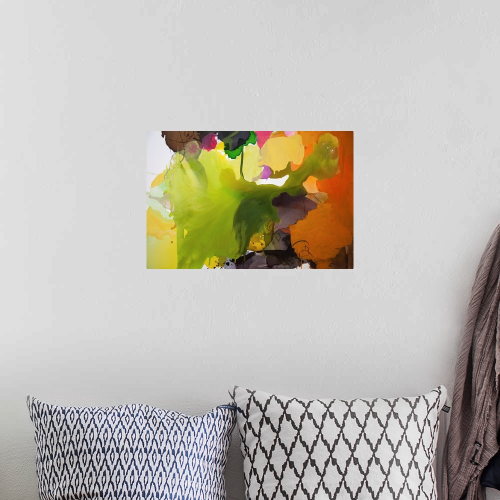 A bohemian room featuring Contemporary abstract painting with a leaf-like shape in the center surrounded by various colors.