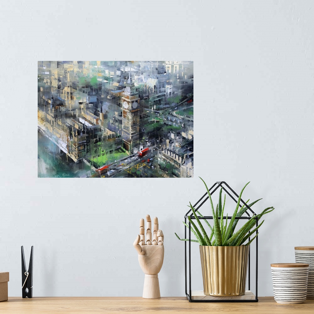 A bohemian room featuring Contemporary painting of Big Ben and the Houses of Parliament in London, seen from above.
