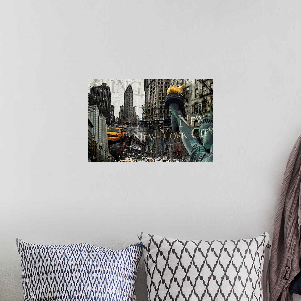 A bohemian room featuring Image composite of landmarks in New York City, including the Statue of Liberty and Times Square.