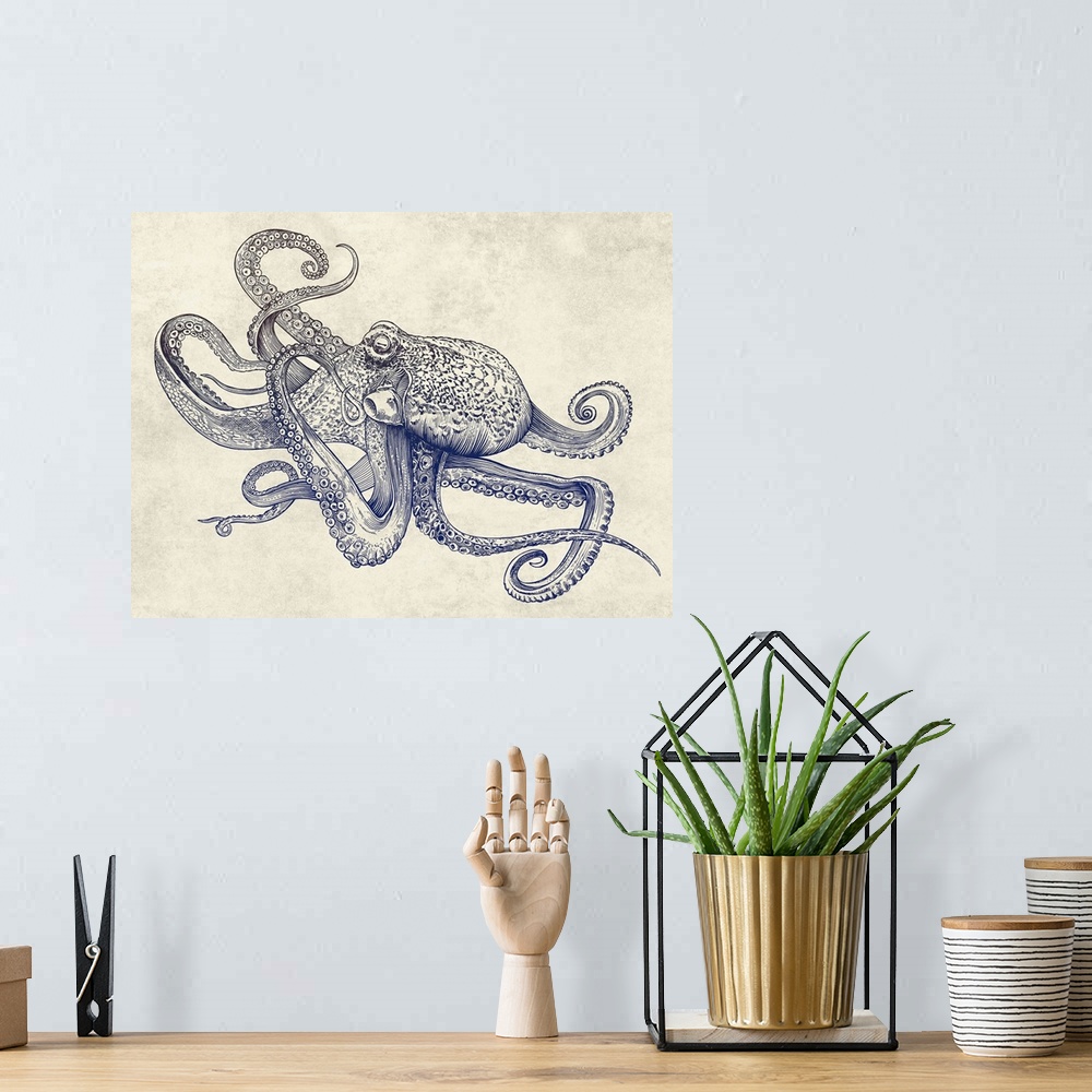 A bohemian room featuring A digital illustration of octopus against a textured background.