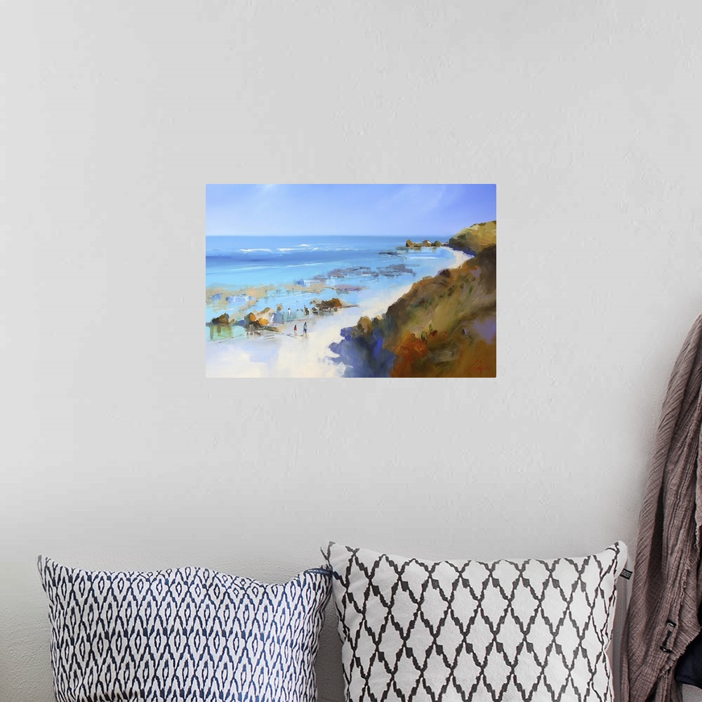 A bohemian room featuring Contemporary painting of hills along a sandy beach off the Italian coast.