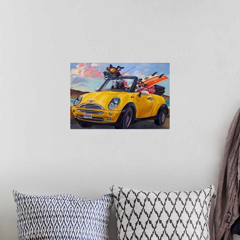 A bohemian room featuring Thick brush strokes create a humorous scene of dogs riding in a sporty car.