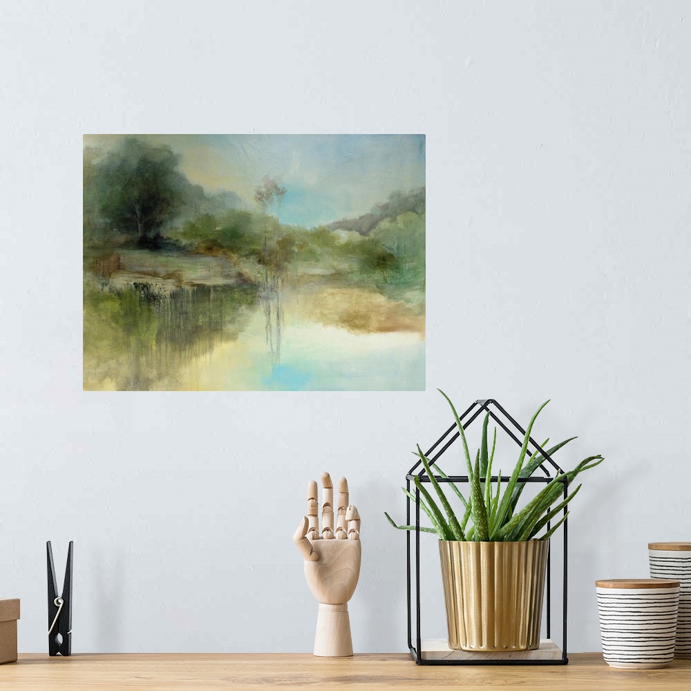 A bohemian room featuring Abstract landscape painting in muted green hues.