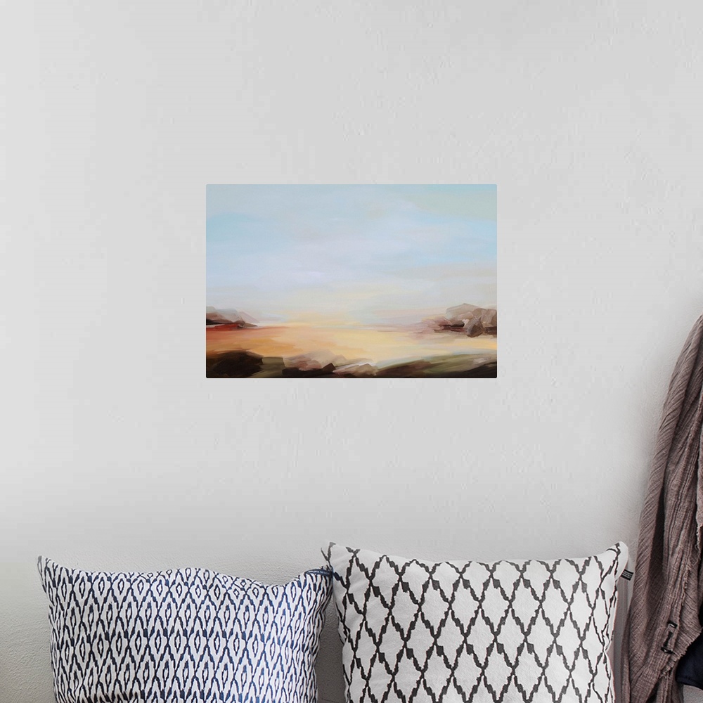 A bohemian room featuring A contemporary abstract painting of a landscape under a blue sky.