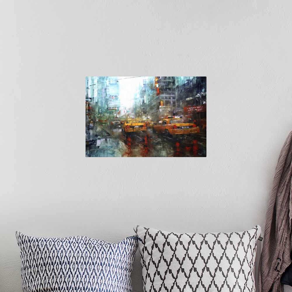 A bohemian room featuring Contemporary painting of a bustling urban city street scene with cars and people.