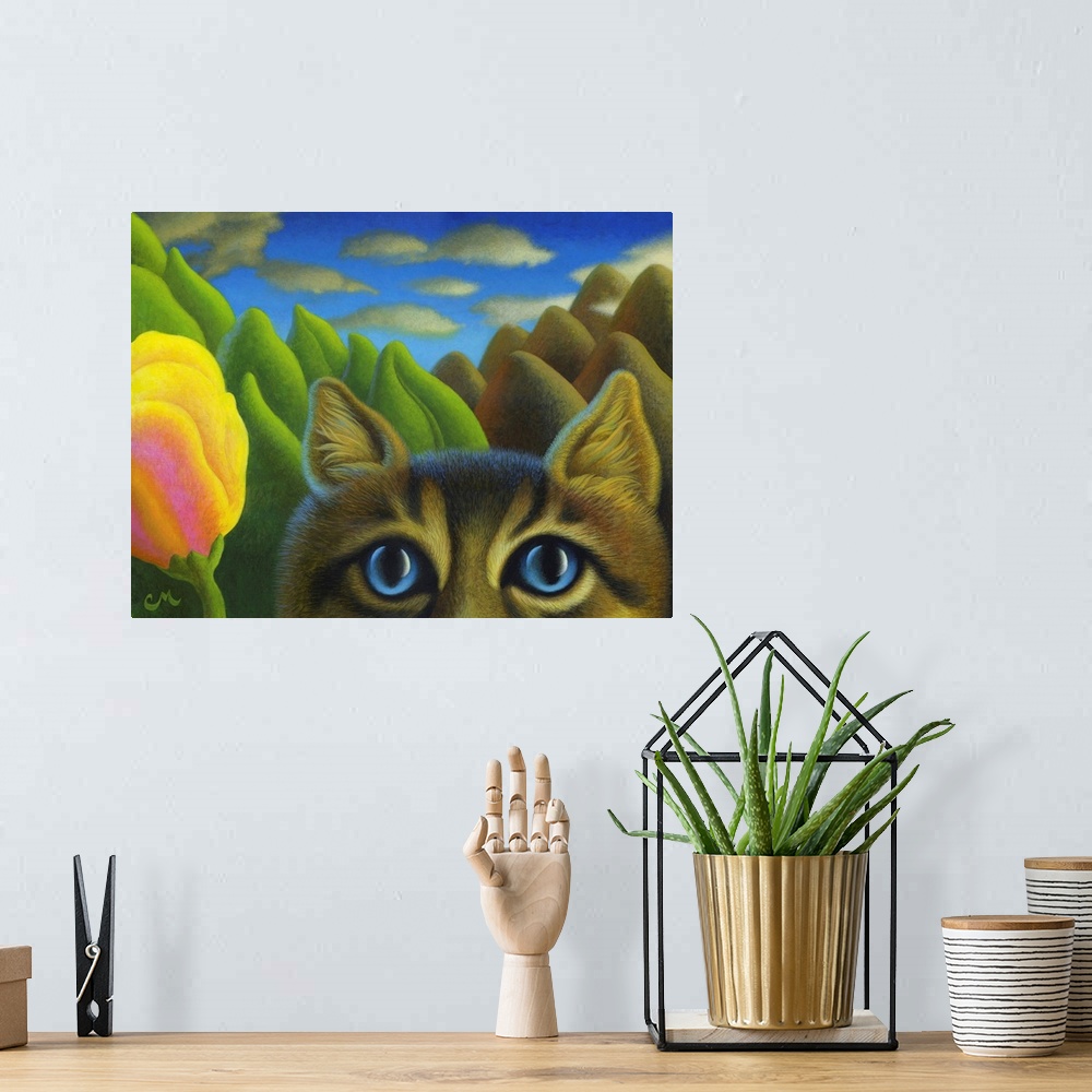 A bohemian room featuring Surrealistic painting of a cat with an abstracted landscape in the background.
