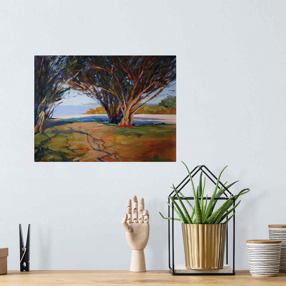 A bohemian room featuring Contemporary painting reminiscent of a Van Gogh painting of Arles.