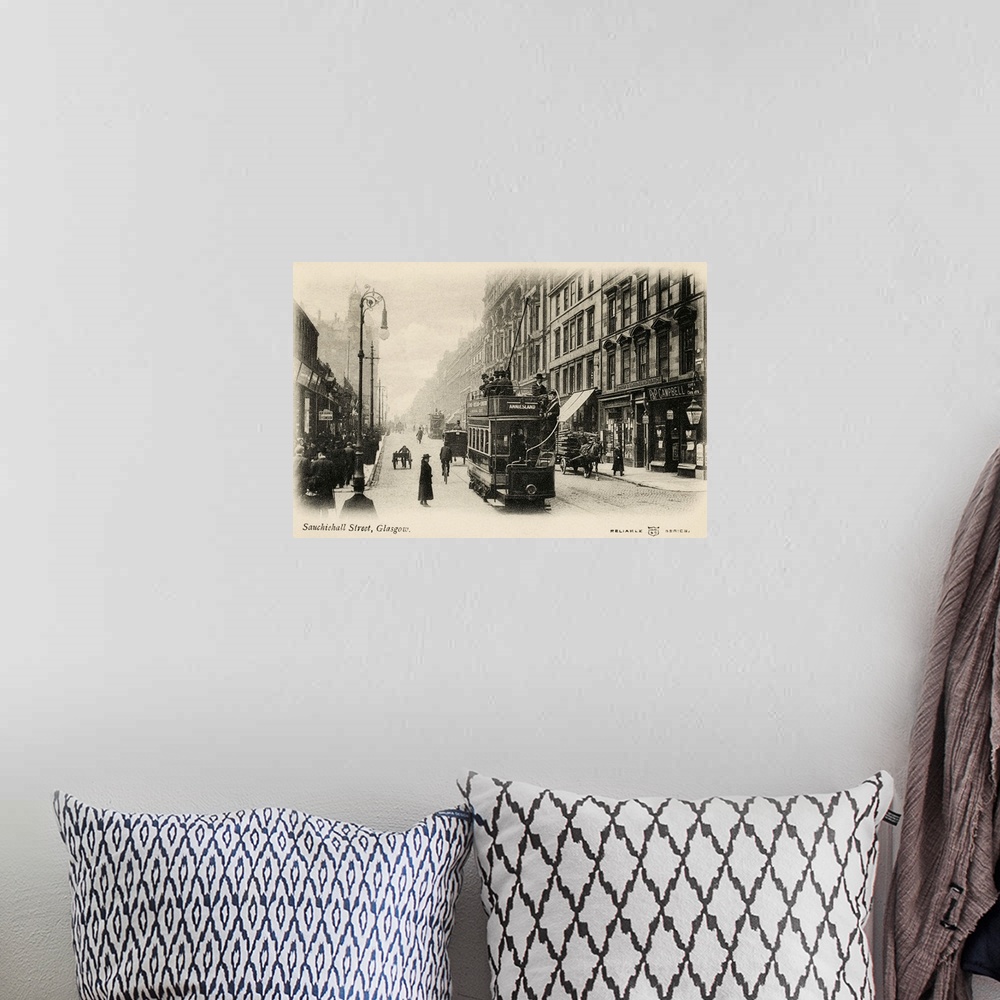 A bohemian room featuring Vintage postcard of a street in Glasgow, Scotland, with a trolley.