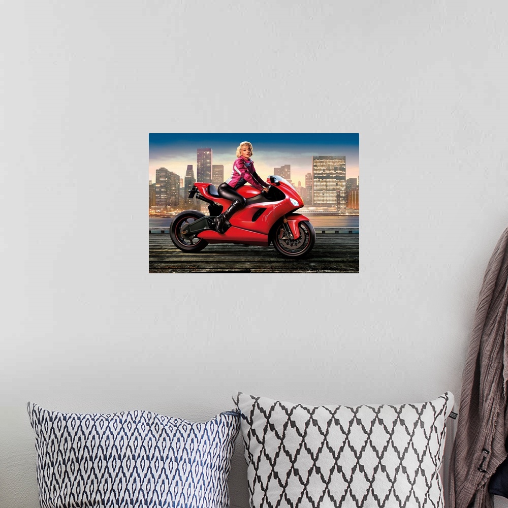 A bohemian room featuring Digital art painting of Marilyn Monroe, in full color, riding her motorcycle in the city by JJ Br...