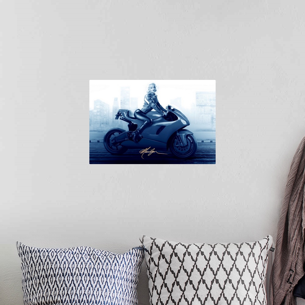 A bohemian room featuring Marilyn Monroe riding a new model motorcycle.