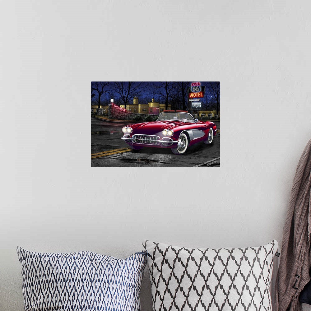 A bohemian room featuring Digital art painting of a classic red sportscar parked outside the Route 66 Motel by Helen Flint.