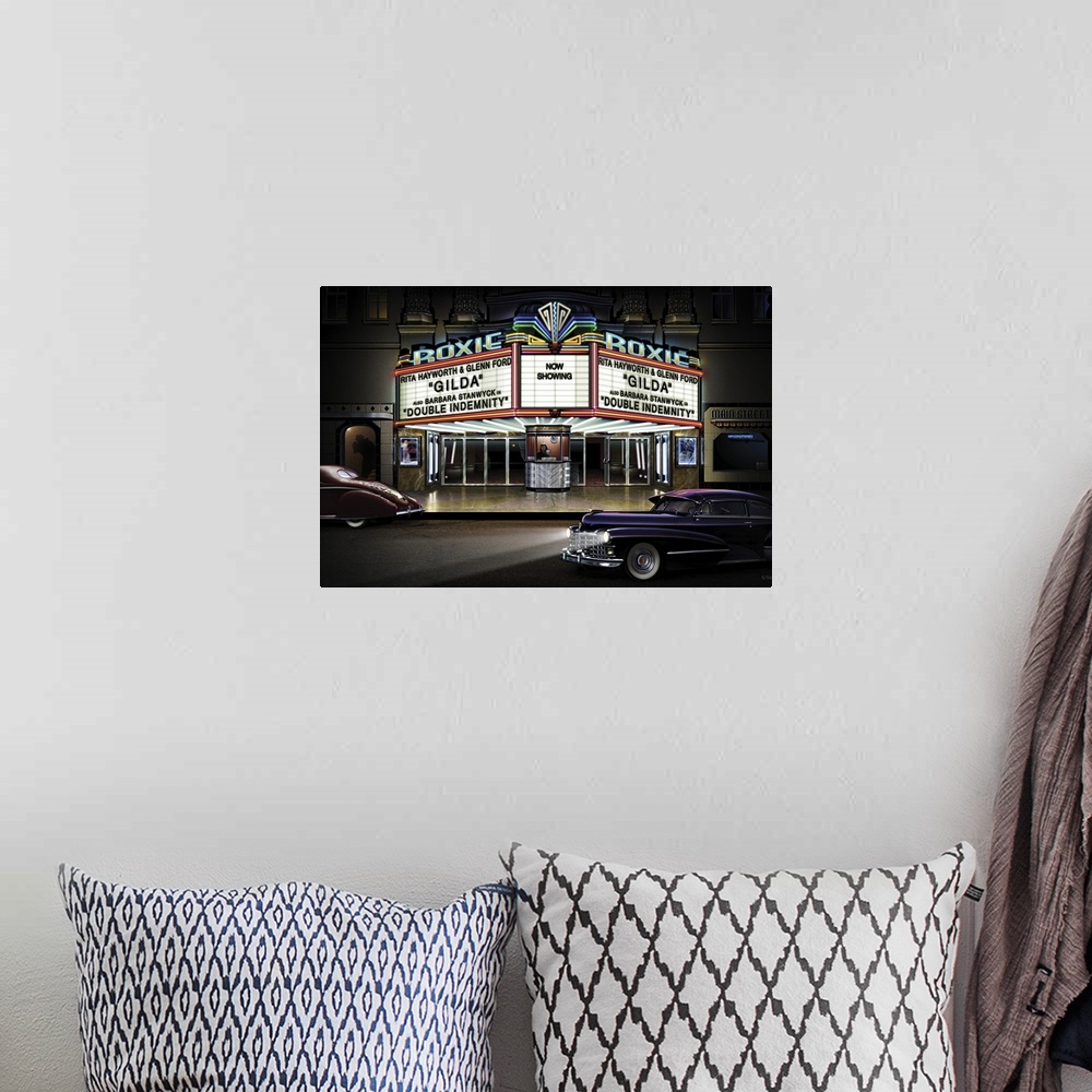A bohemian room featuring Digital art painting of the Roxie movie theater by Helen Flint.