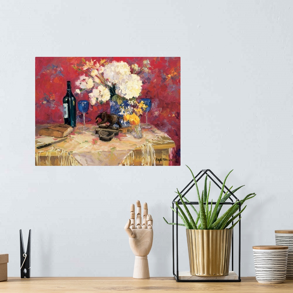 A bohemian room featuring Fine art oil painting still life of wine and bread on table with a vase of white hydrangeas by Al...