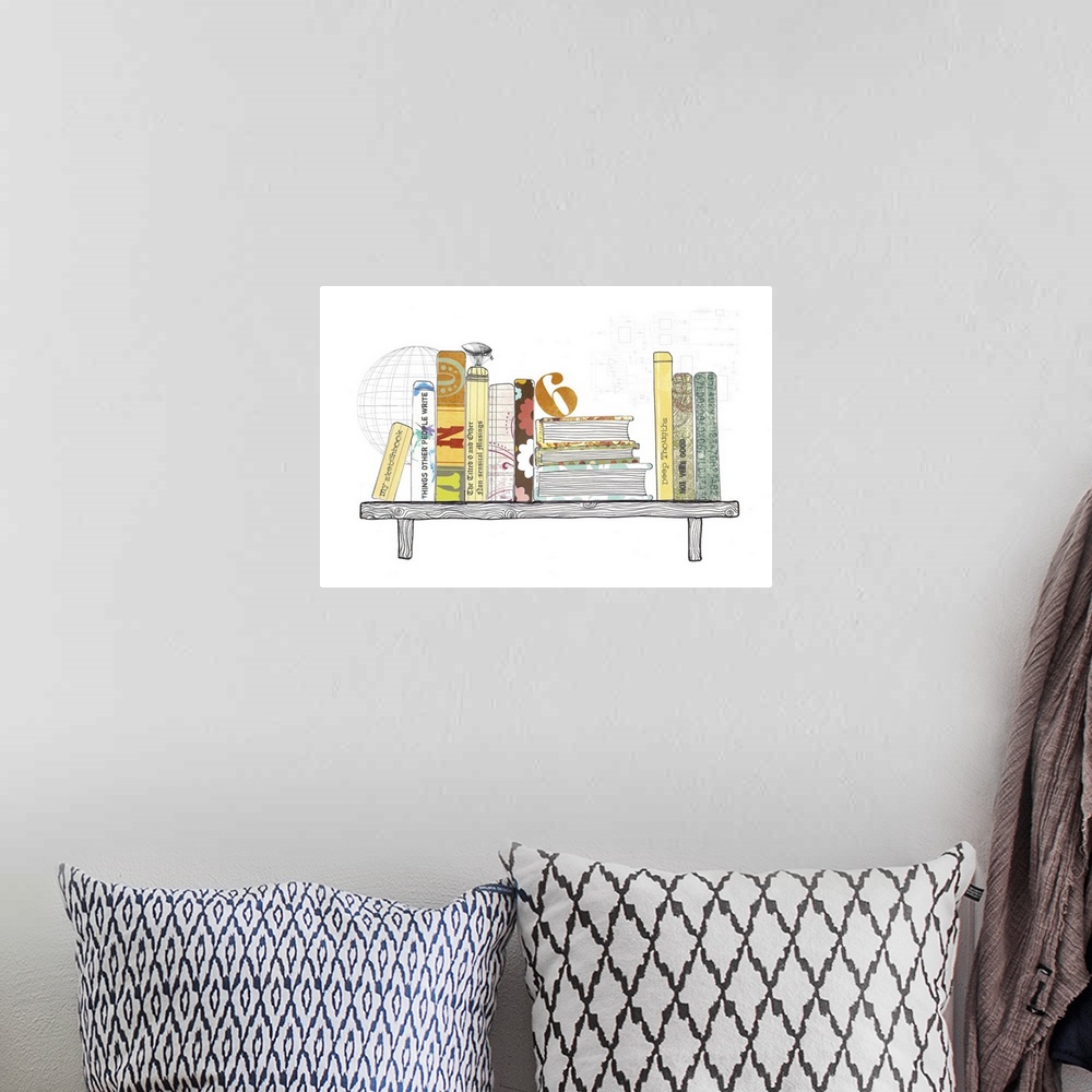 A bohemian room featuring A mixed media poster and art print of an interpretation of a stack of books on a shelf. Illustrat...